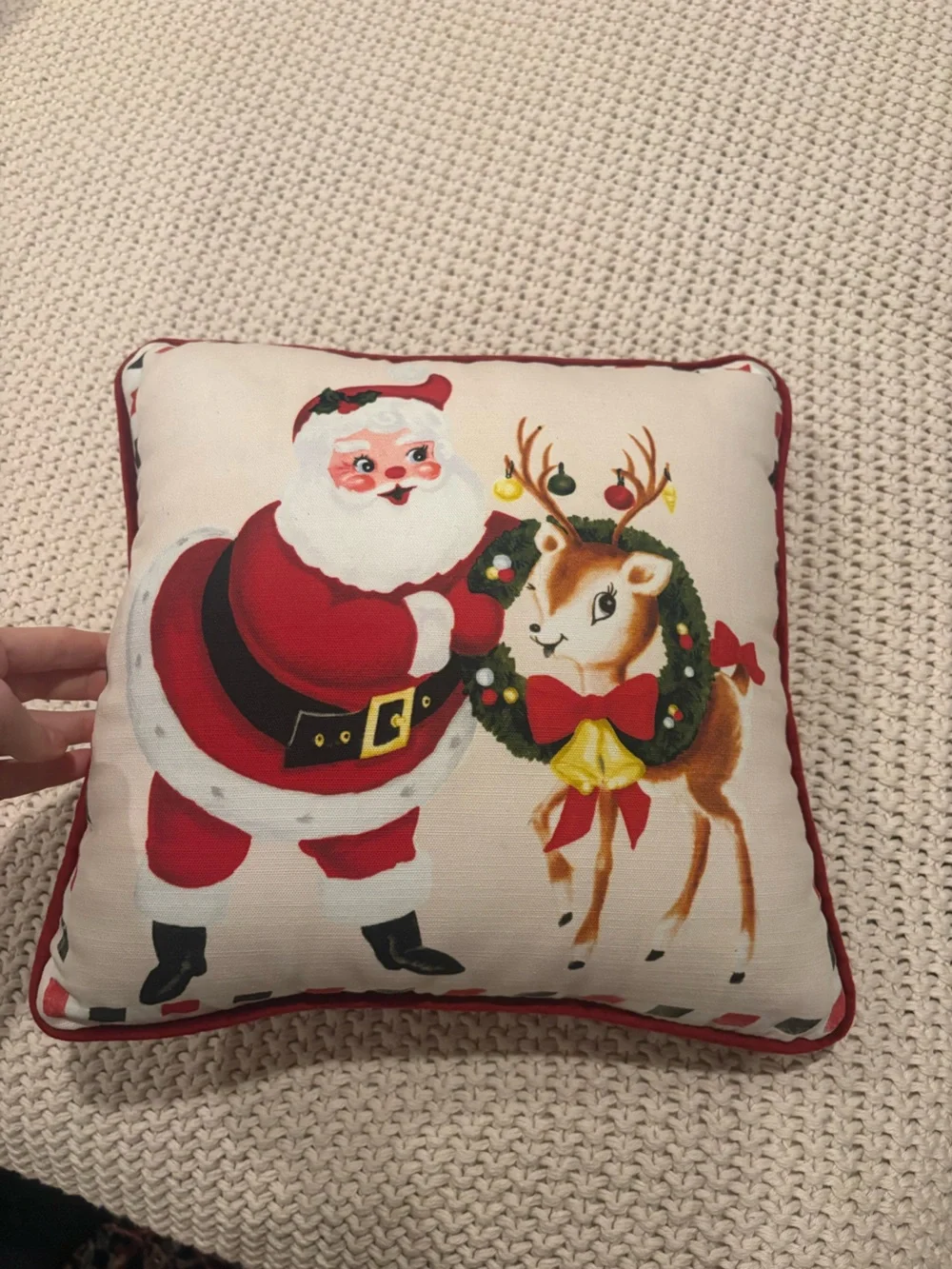 New Vintage looking Santa & Reindeer Holiday Throw Pillow in Red and Cream